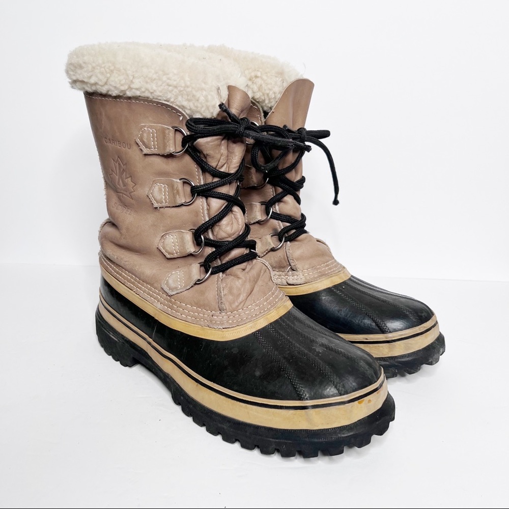 Vintage Sorel Caribou Snow Winter Boots Size 11 Women’s Tan Leather Insulated